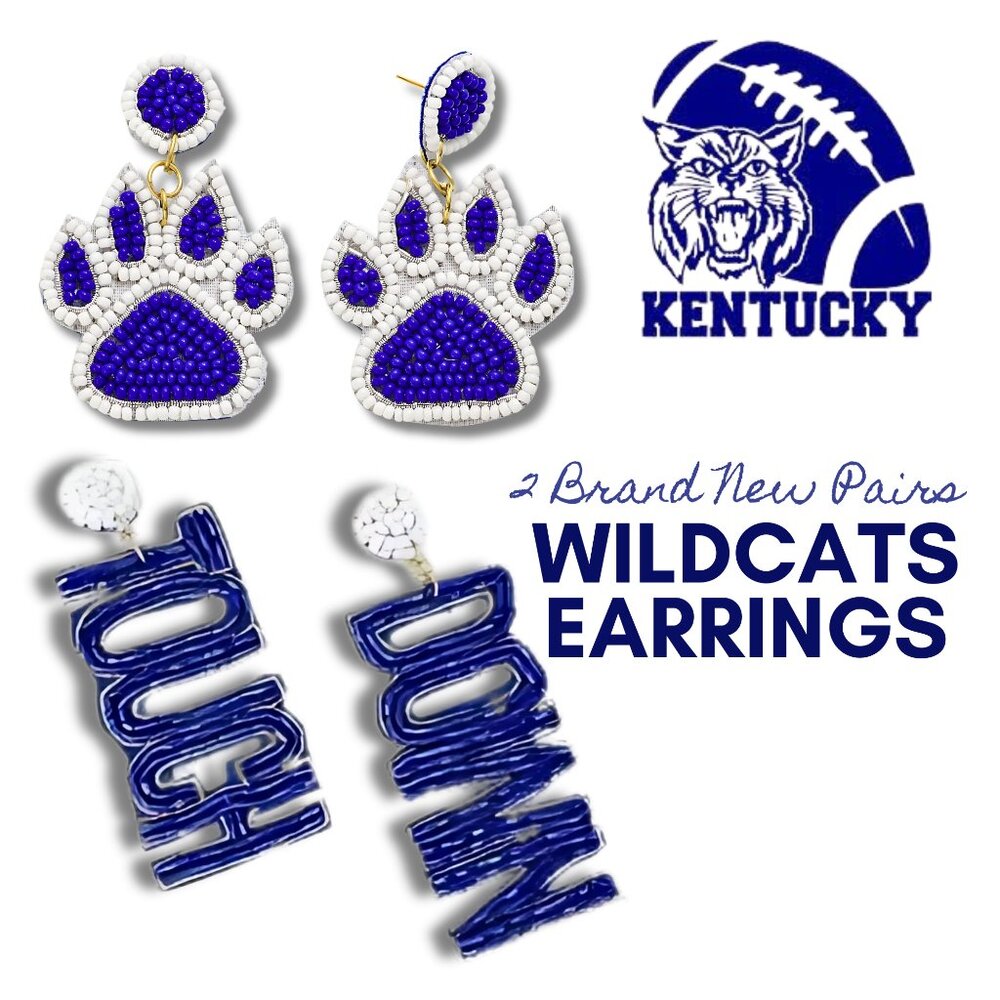 SET of 2 PAIR NEW Kentucky Wildcats Blue White College Football Beaded Earrings